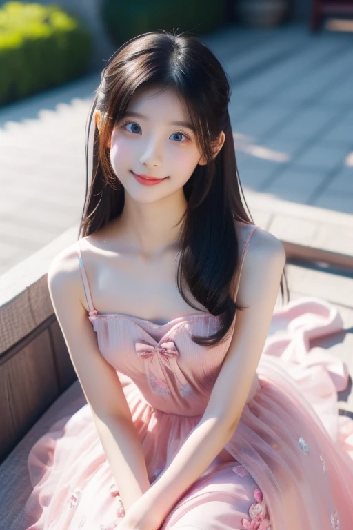 araffe gitl in a pink dress sitting on a ledge, wearing pink floral gown, xintong chen, Gorgeous young Korean girl, ulzzangs, gorgeous chinese models, beautiful Korean women, Beautiful young Korean woman, Wearing a pink dress, Pink dress, wearing a pink dr...