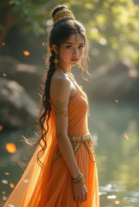  Lord Sita had a slender and graceful figure, with a serene and charming demeanor. Her eyes were large and expressive, and her face was adorned with delicate features such as a straight nose, full lips, and a high forehead.