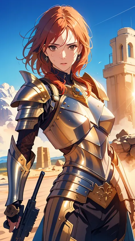 ((((masterpiece, Highest quality, High resolution)))), Extremely detailed 8K, 1 female, Wearing armor like a warrior, (Ultra HD, Very detailed, Very detailed, Very realistic, Ultra-realistic, Photo Real), (One person:1.5), (Realistic red hair), (Dynamic po...