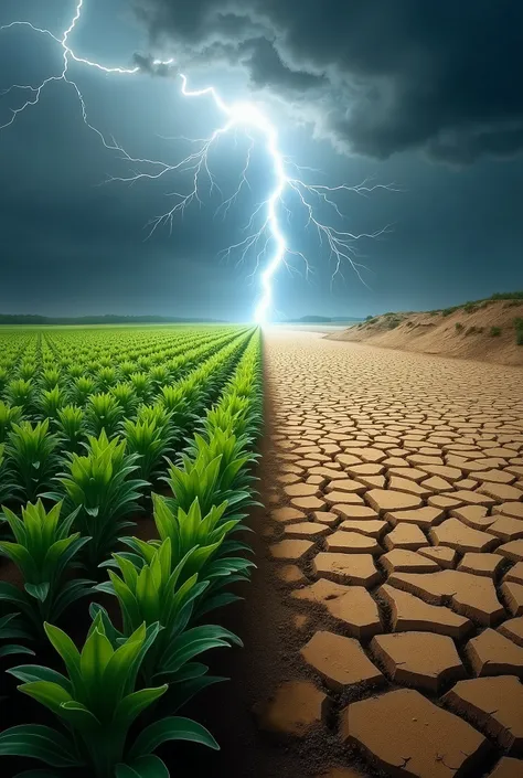 An image with a beautiful soybean plantation and on the other side a dry and arid land struck by lightning