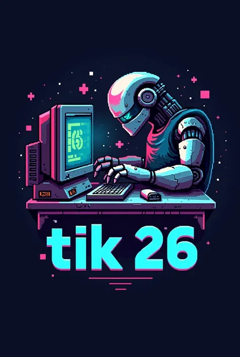 pixel logo with computer,  robot, C++ and stylized text TiK26 