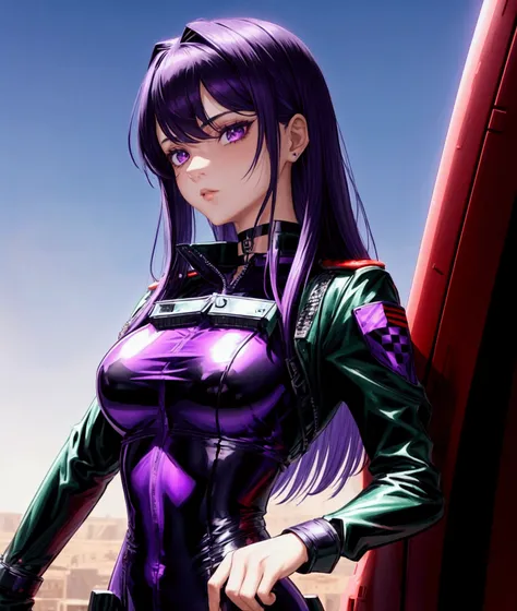 a beautiful and cool girl,medium hair, straight hair, purple hair, black pilot suit, red under shirt, dark green shoulder pad, black choker, ace pilot, purple eyes