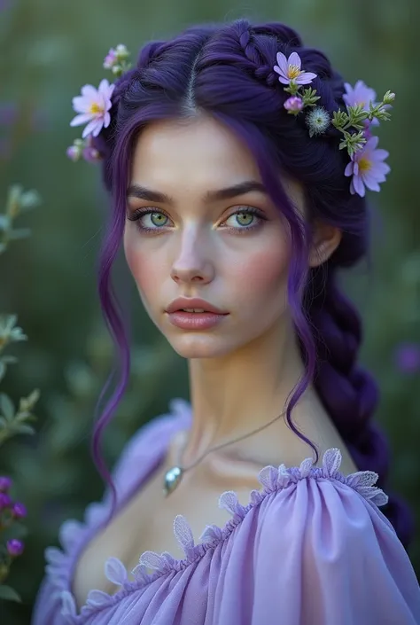 English woman,skin fair,sparkling green eyes,dark purple braided hair,flowers in the braid,light purple dress,cinema image,品質,full body images,detailed