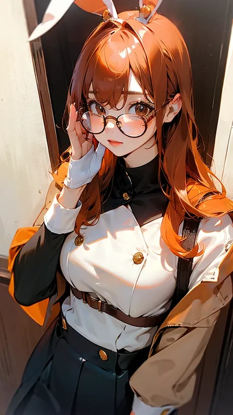 Adult girl with copper-orange hair with bunny ears, brown eyes and glasses.