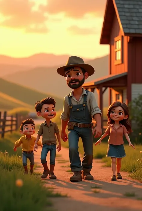 In cinamatic 3d cartoon "In the evening, the farmer returns home. His family is waiting for him."