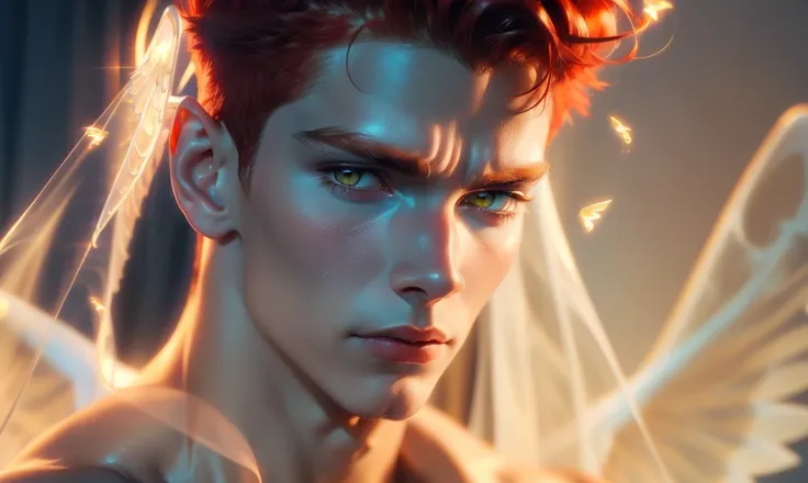 [((highly detailed, detailed eyes, detailed face, clear and realistic facial features, photorealistic, realistic light, cinematic, looking at you)), (1 man), (((((Gorgeous perfect sexy powerful masculine male angel with ghostly transparent wings))))), (((t...