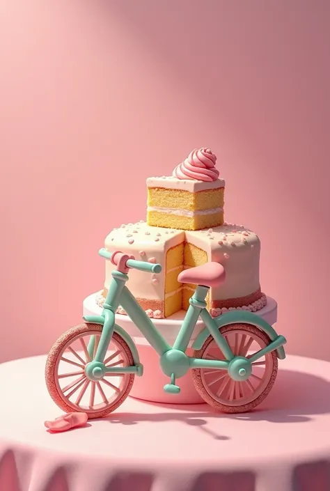  cake bike, on a pink tablecloth, cut piece