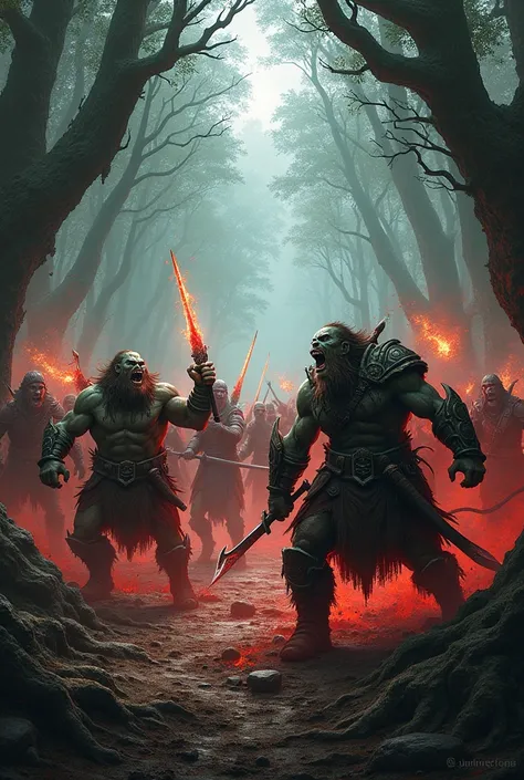 orc warriors in battle running inside the forest at dusk in a bloody battle against wizards and humans