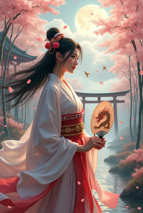 A woman standing amidst a spectacular landscape of falling cherry blossom petals, Wearing gorgeous Japanese clothing with a white and red motif, A gentle smile and a strong gaze, A magnificent shrine and torii gate stretching out behind, woman&#39;s hair b...