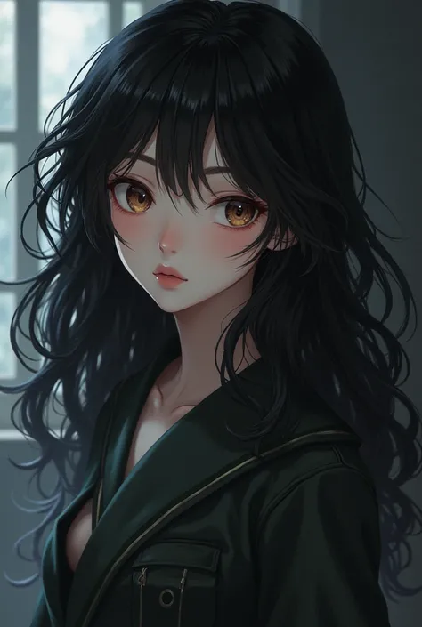 Spawns a white skinned girl, with wavy black hair, that measures 1.62, that has brown eyes, hands with long fingers, and that it is thin but not too much, anime kakegurui style 