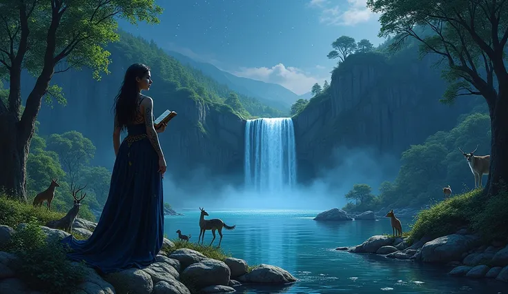 Une belle nuit étoilé avec une jolie cascade , des rochers , des animaux , un jolie lac , un protecteur de la forêt au dessus de la cascade , une jolie femme provocante avec des tatouages un livre dans la main
