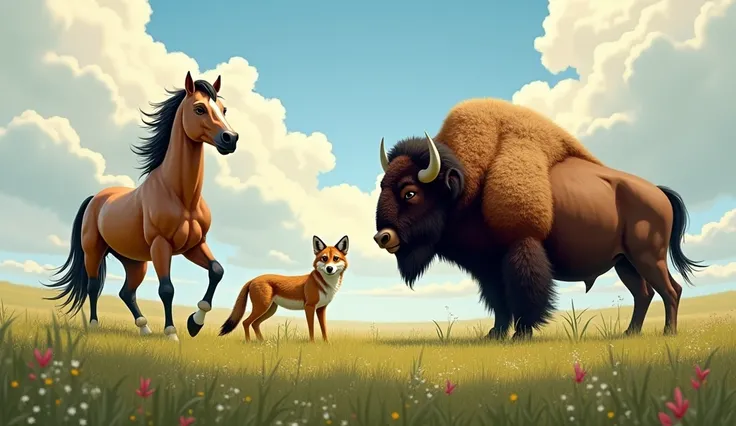 one horse,  a coyote and a bison in a green prairie setting.