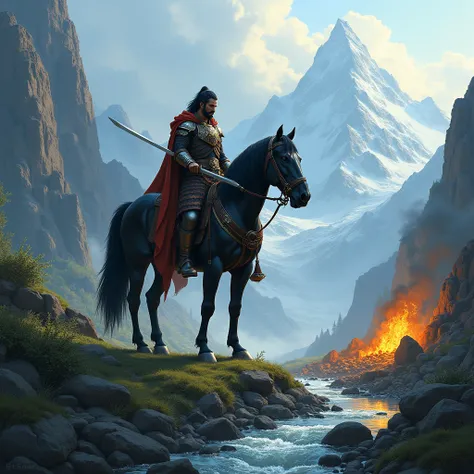 A turk warrior, black horse, sword, mountains, fire, clouds, stream, trees, grass. 