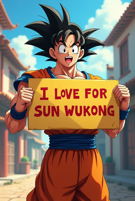 Kakarot holding a sign "love Sun Wukong", Smile, Happy, Reality, Vibrant colors, Fascinating