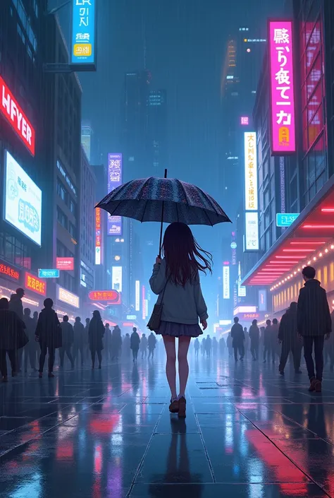 Anime girl rain unbrella neon city the girl is walking the back