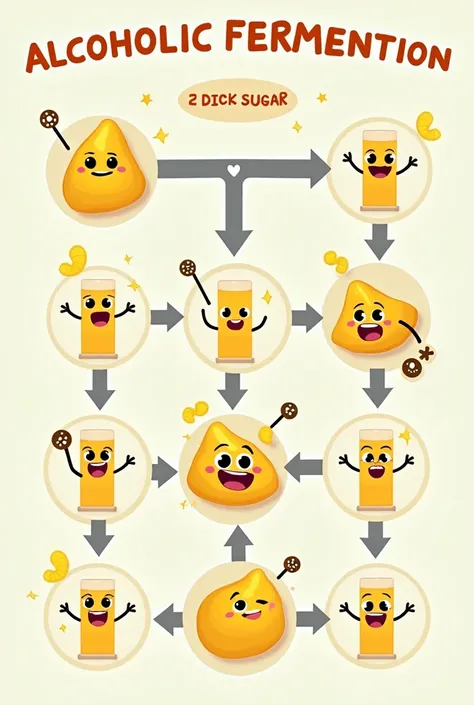 Animated alcoholic fermentation process diagram , easy to understand for children