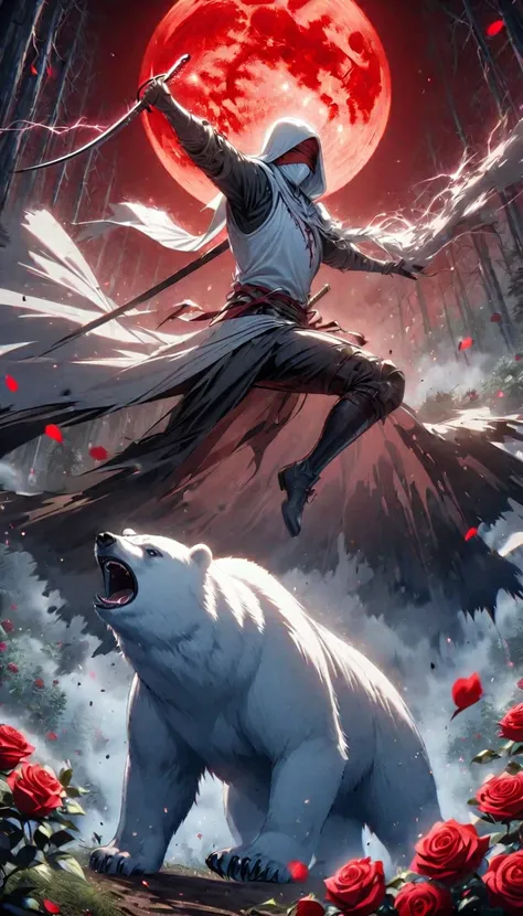 dynamic picture, in it a man with a white hood with bear ears and a katana is riding a polar bear in a forest while the blood mo...