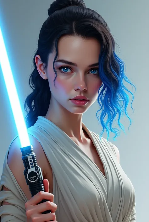 daisy ridley with blue hair tips, White lightsaber, male 