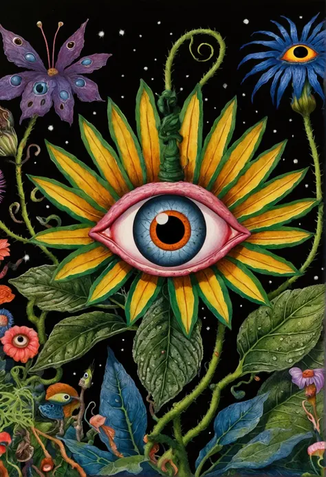 a painting，a flower with big eyes in the painting，surrounded by plants, psychedelic surrealist art, the holy grail of the eyes o...