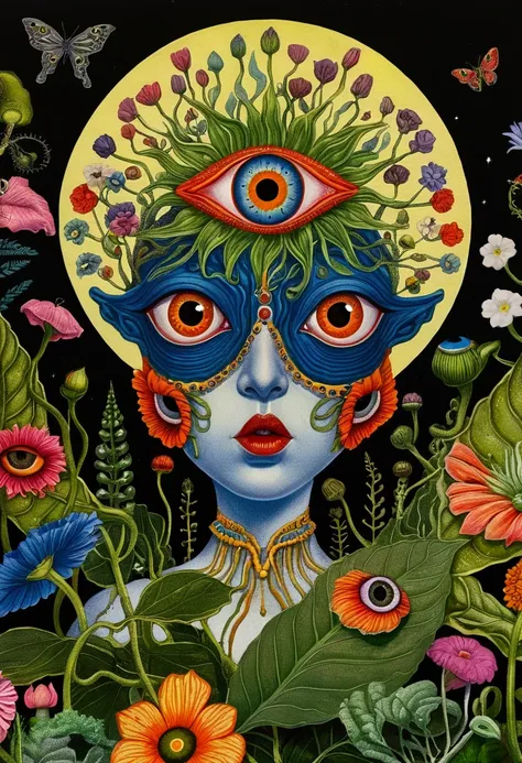 a painting，a flower with big eyes in the painting，surrounded by plants, psychedelic surrealist art, the holy grail of the eyes o...