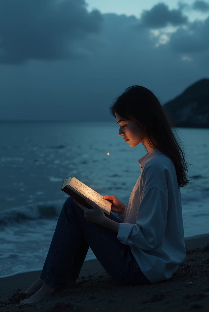 A kerala modern female fair skin tone alone in the sea shore reading book. Long shot. Dark cloud and sea background. Sitting facing the sea. Realistic image. Twilight