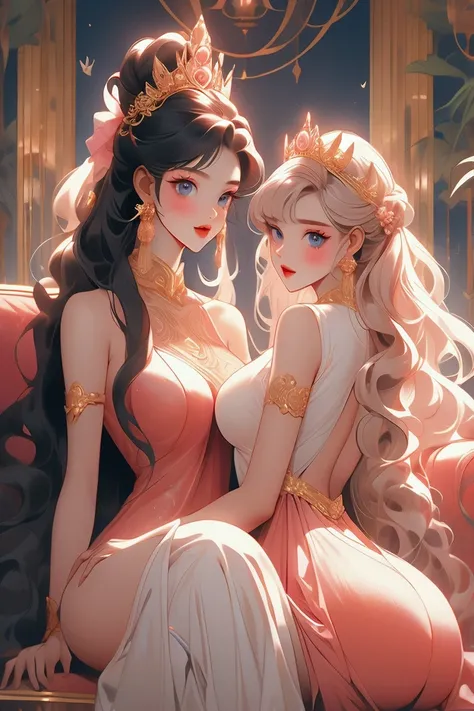 Young princesses  seated on a golden couch  in a palace  . with decorations .In tight, pink, sheer dresses  .slim bodies slim waist big breasts big buttocks long straight hair bangs young 3 girls .with fangs, mouth, blood, large, open, claws, blue eyes, re...