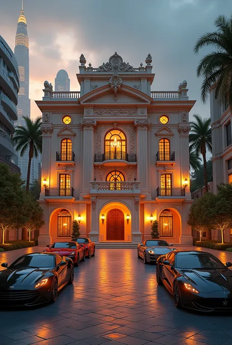 An opulent cityscape with a grand, luxurious mansion and expensive cars parked outside