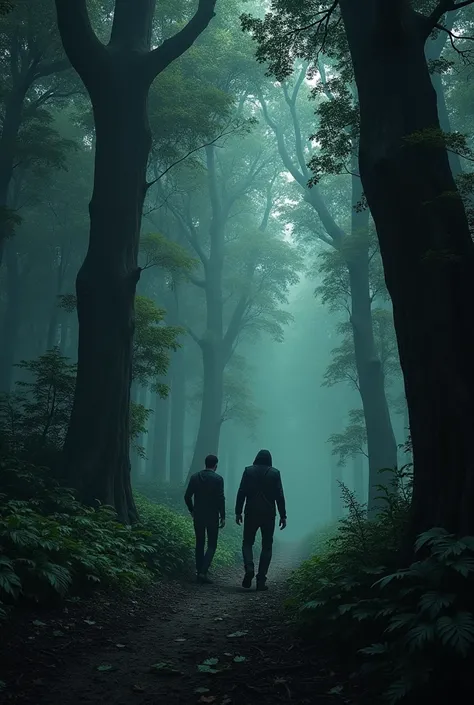 One 2 man walking in the dense forest of big trees in dark.