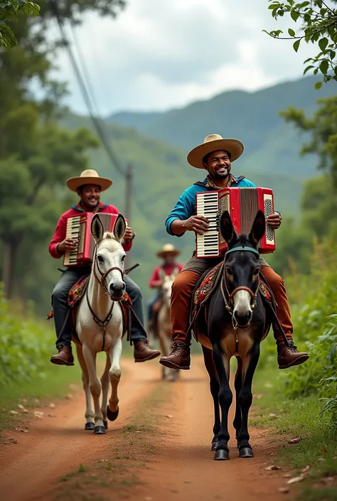 Vallenato musicians on donkeys playing accordion in a Colombian cendero