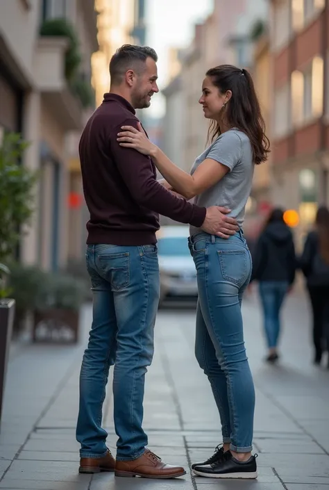 Make a picture of a man slapping a woman&#39;s ass in jeans on the sidewalk