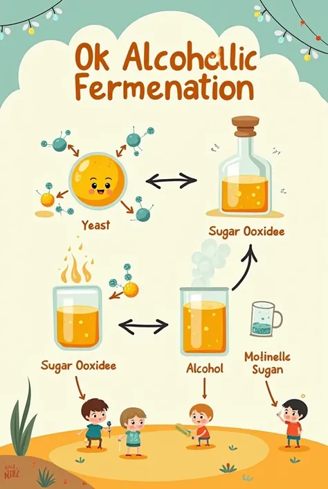 Animated alcoholic fermentation process diagram , easy to understand and explain for children