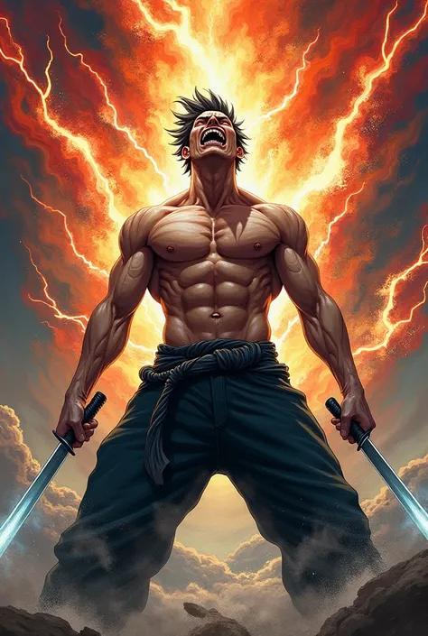 A  man with 6 pack toned body with daggers in both hands , screaming powerup scene 
Anime type