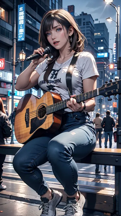 2 female。T-Shirts、jeans、sneakers、Silver Hair、semi-long、Downtown at night、Street Performance、sit on the guardrail、Singing while playing guitar(No microphone)、People around are excited、Sexy proportions、Narrow waist