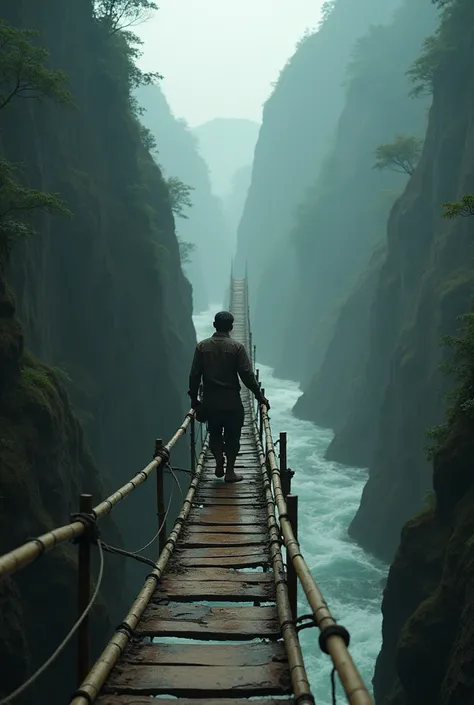 A man is crossing a single bamboo bridge, and he is about to fall down. Critical condition 