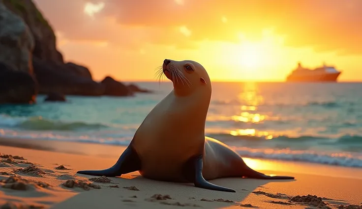 a sea lion on a beach in the galapagos islands, a cruise ship in the background on the ocean, beautiful sunset, photorealistic, 8k, highly detailed, dramatic lighting, vibrant colors, stunning scenery, serene atmosphere, golden hour, beautiful ocean waves,...