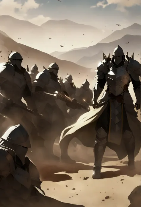 Scene of the Battle of Badr, Abdurrahman bin Auf wearing armor, leading troops on the battlefield, with dust and shadows of mountains in the background.