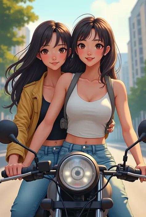 Two Chinese 
bestie sitting on moterbike her bestie sitting in back
