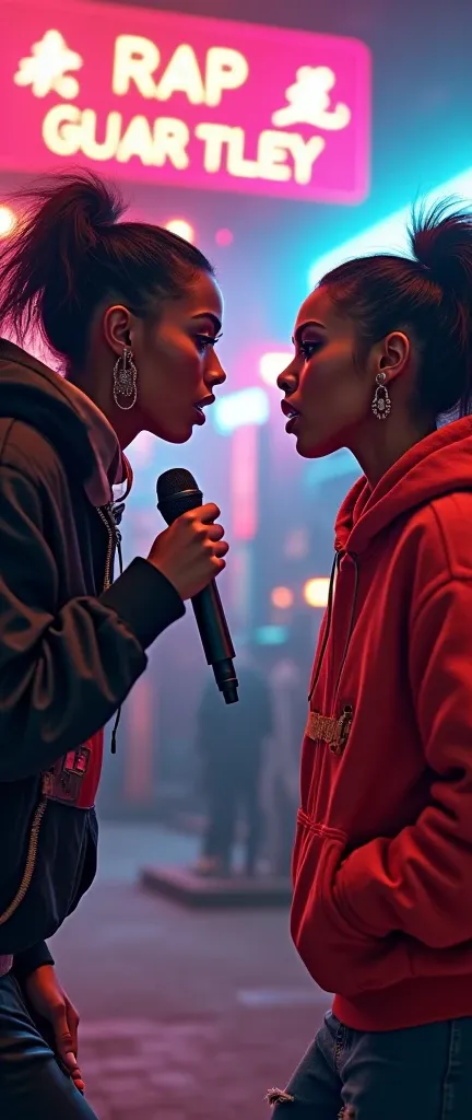 a staged rap battle between  2 hip hop stars  women with mics , detailed facial features, detailed skin, detailed clothing, dynamic poses, intense expressions, urban city background, neon lights, cinematic lighting, vibrant colors, high contrast, gritty, s...