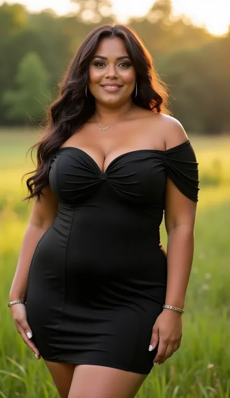 Showcase a beautiful plus-size woman in a sleek, fitted black mini dress with a sweetheart neckline and off-the-shoulder sleeves. Her long, wavy hair frames her face beautifully as she poses with a relaxed yet confident posture against a peaceful meadow ba...