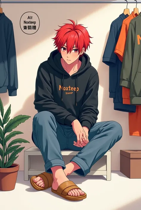 I want to add a sales cover, an anime style, a red-haired man wearing a black hoodie, jeans, trying on slippers, must have the word NOXTEEP SHOP.