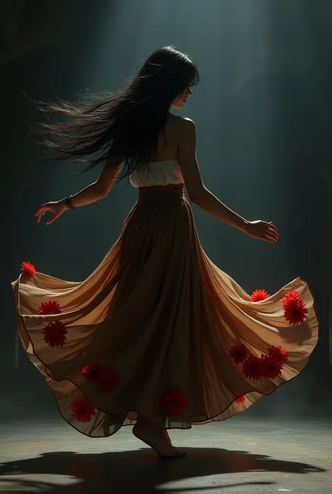 a faceless woman dancing in the dark, wearing a brown skirt with red flowers and long black hair