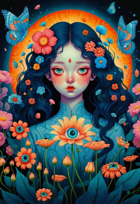 a poster，there is a flower，there are big eyes on it，surrounded by flowers, digital art inspired by marco mazzoni, winner of the ...