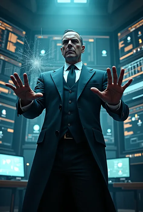 "Create a compelling image of a billionaire villain controlling the internet. Depict a wealthy, powerful figure with a commanding presence, dressed in an impeccably tailored suit, sitting in a high-tech control room. The room should be filled with multiple...