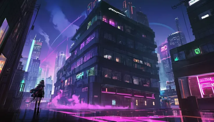 1 girl, in neon cyberpunk building, synthwave, furina with hookah, neon smoke, night.