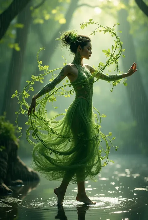 delicate, intricate leaf veins resembling delicate brushstrokes, as tendrils of foliage swirl around the figure, blurring the lines between dancer and environment against a backdrop of gentle, glistening raindrops radha kishan bhagwan