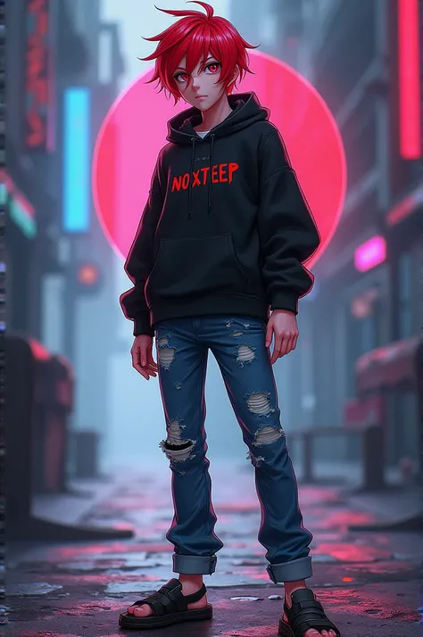 I will make a cover image to sell a code or game ID with a red-haired male anime character wearing a black hoodie, jeans, and sandals. It must have the words NOXTEEP SHOP. 