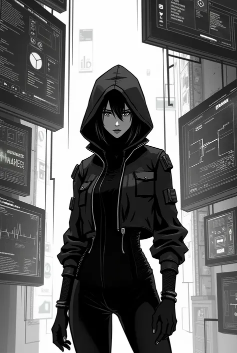 black and white hacker type vector manga multiple screens
