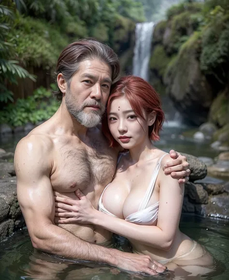 RAW, photorealistic, wide angle, facing forward,  nude portrait of ((2people, a man and a woman, couple):1.5), a man is a ((japanese old man, long white beard, skinny body, wearing nothing):1.35), BREAK, a woman is a ((young geisha:1.3) exposed her sagging...