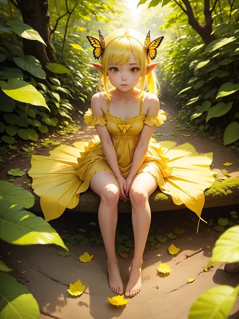 cute little Fairy,  butterfly, yellow hair, yellow eyes, yellow dress pointy ears dress made of petals leaves leaning forward sitting on big leaves、Leaves Sunshine Light