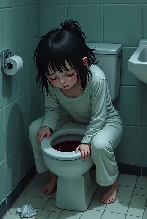 A girl is vomiting inside the toilet wearing night suit